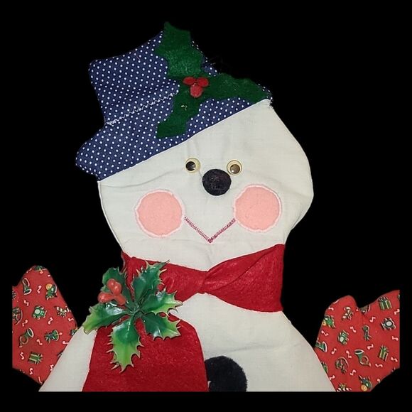 Vintage Handmade Fabric Snowman Christmas Wall Decor Tapestry Kitsch Xmas 21" - Picture 8 of 8